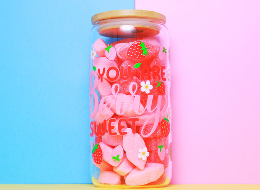 Berry Theme Customised 350g Vegan Pre-mix Sweets in Glass Cup with Bamboo Lid, Glass Straw & Choice of Wrap