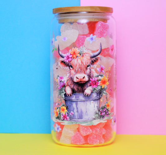 Highland Cow Customised 350g Vegan Pre-mix Sweets in Glass Cup with Bamboo Lid, Glass Straw & Choice of Wrap