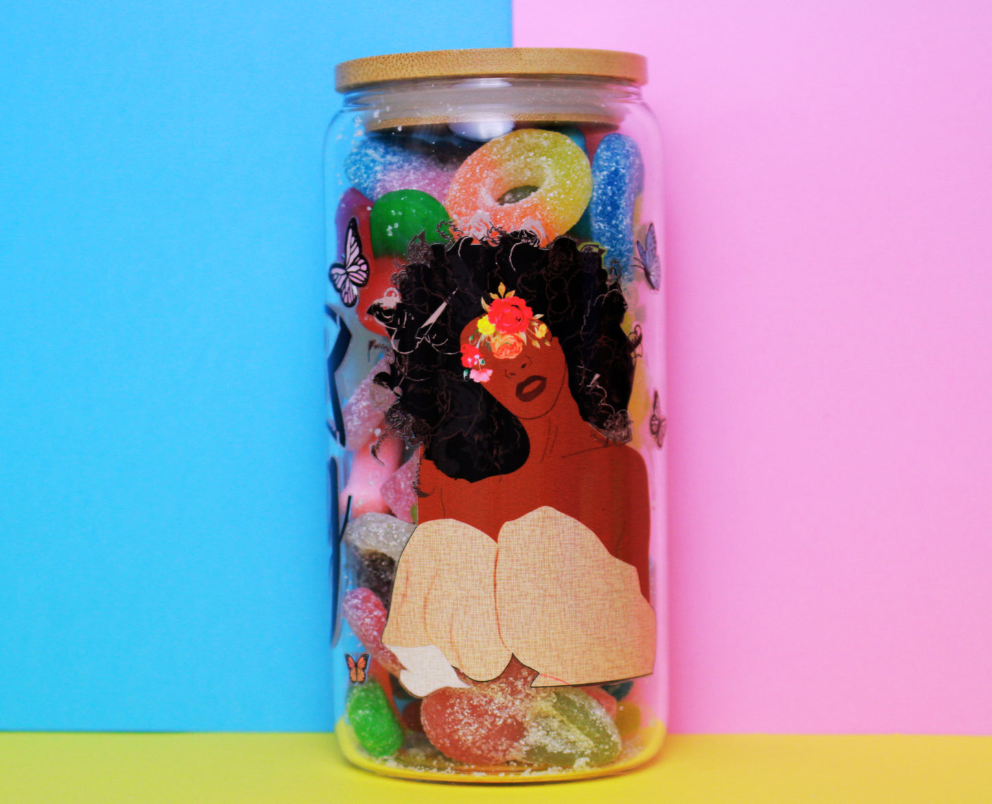 Black History Month Customised 350g Vegan Pre-mix Sweets in Glass Cup with Bamboo Lid, Glass Straw & Choice of Wrap