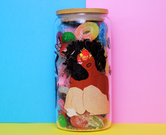 Black History Month Customised 350g Vegan Pre-mix Sweets in Glass Cup with Bamboo Lid, Glass Straw & Choice of Wrap