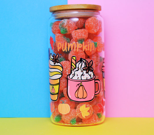Autumn/Fall Customised 350g Vegan Pre-mix Sweets in Glass Cup with Bamboo Lid, Glass Straw & Choice of Wrap