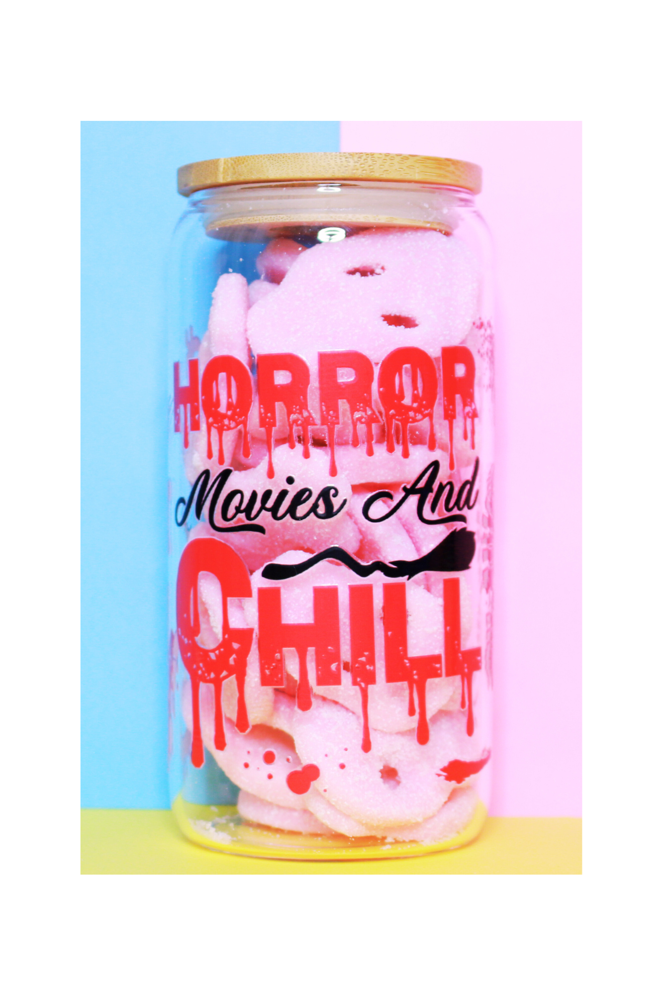 Halloween Customised 350g Vegan Pre-mix Sweets in Glass Cup with Bamboo Lid, Glass Straw & Choice of Wrap